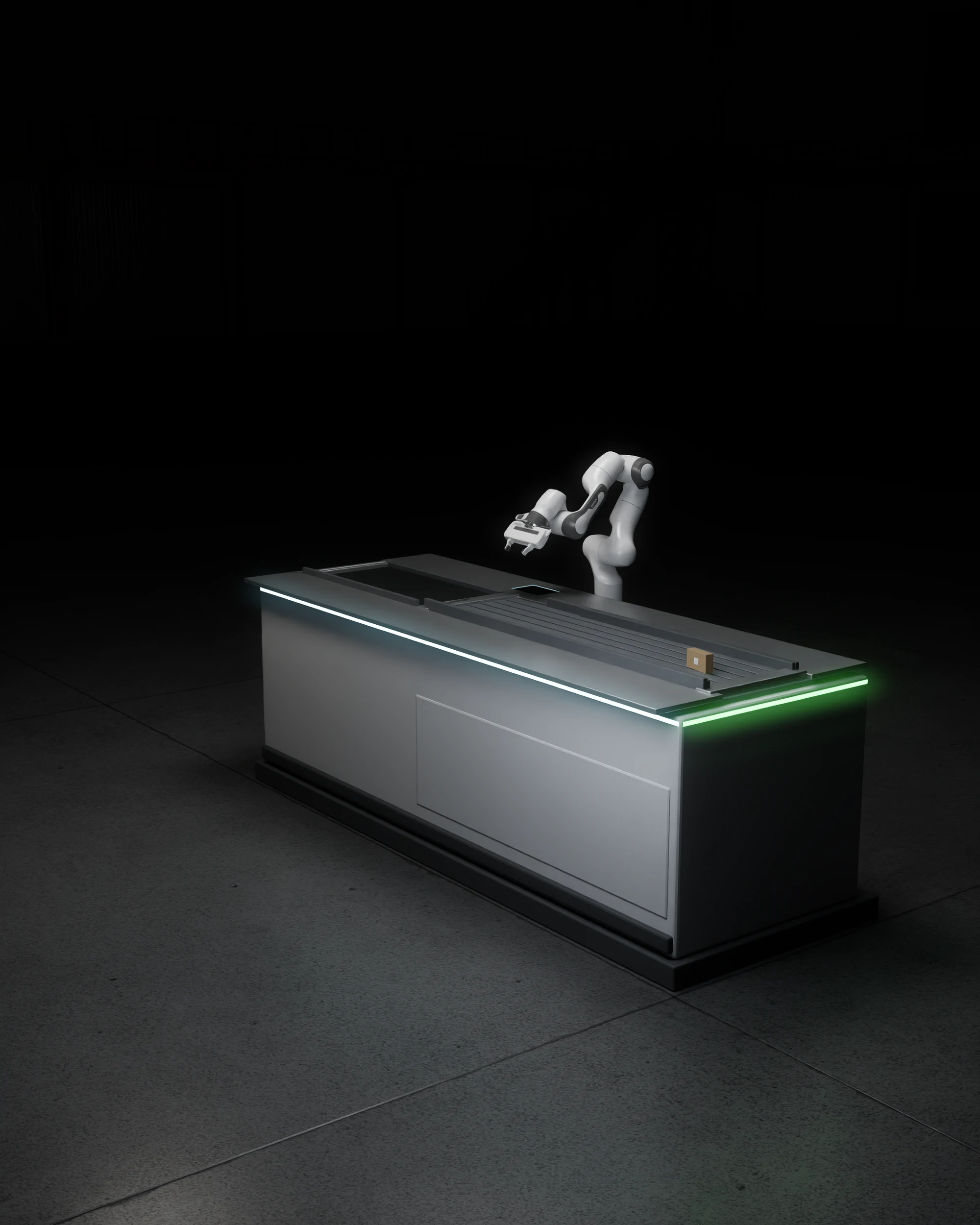 Franka manipulator mounted on an automated retail checkout, lit against a dark studio background