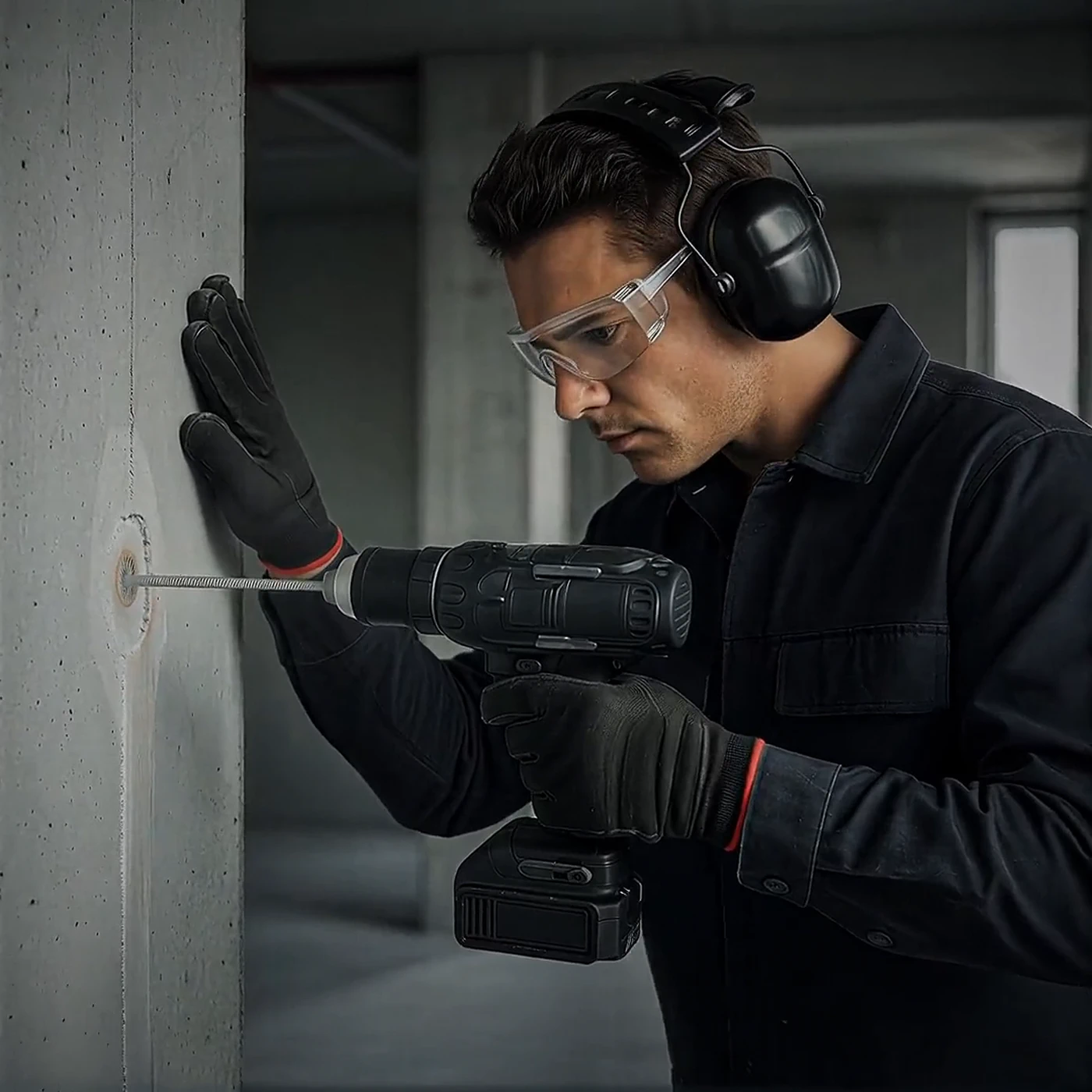 Cordless drill product advertisement with a worker drilling into concrete