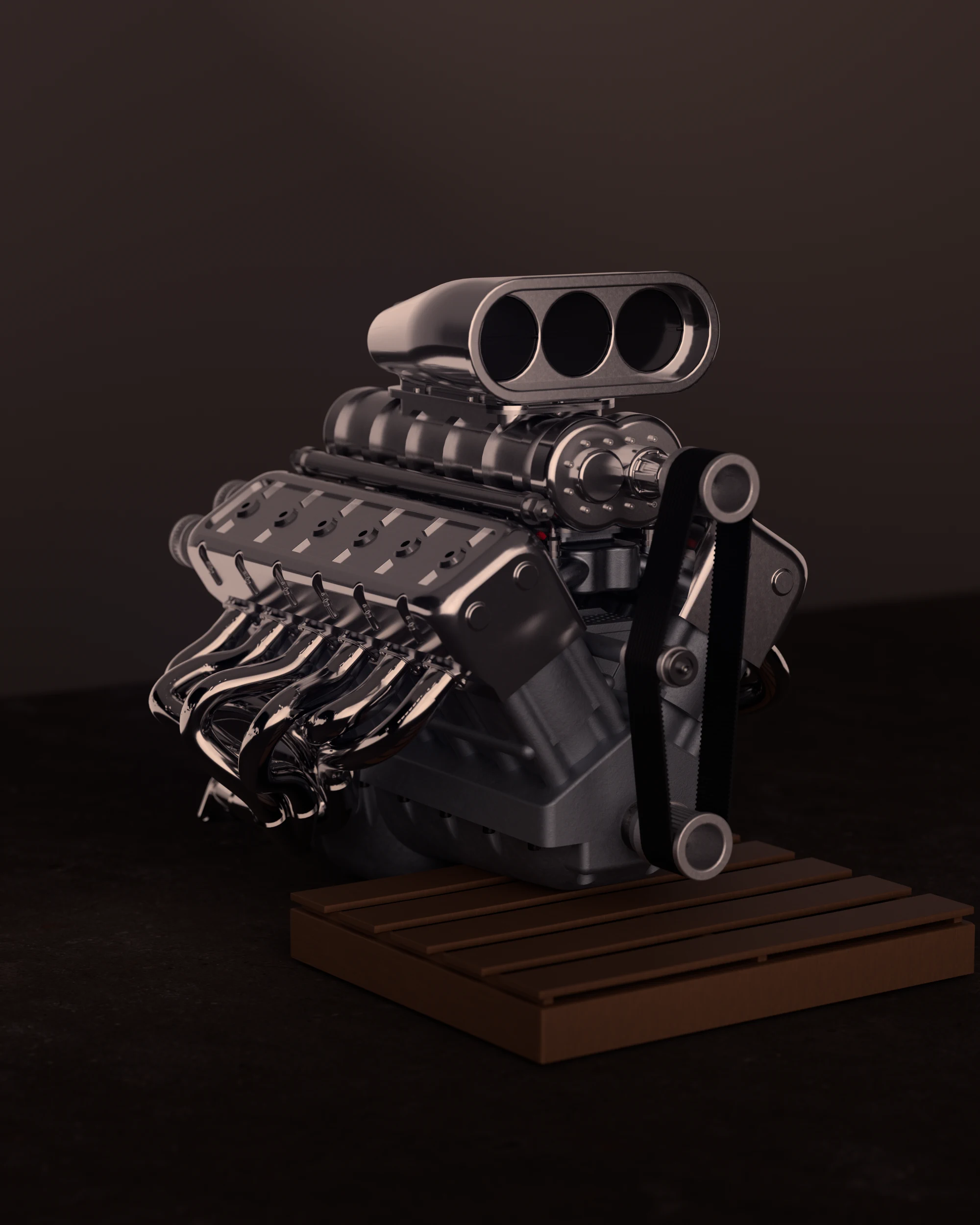 Hero render of a supercharged V12 engine on a dark set