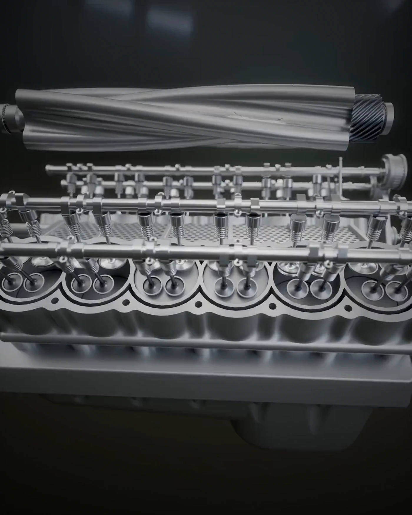 Animated cutaway of a supercharged V12 engine in motion