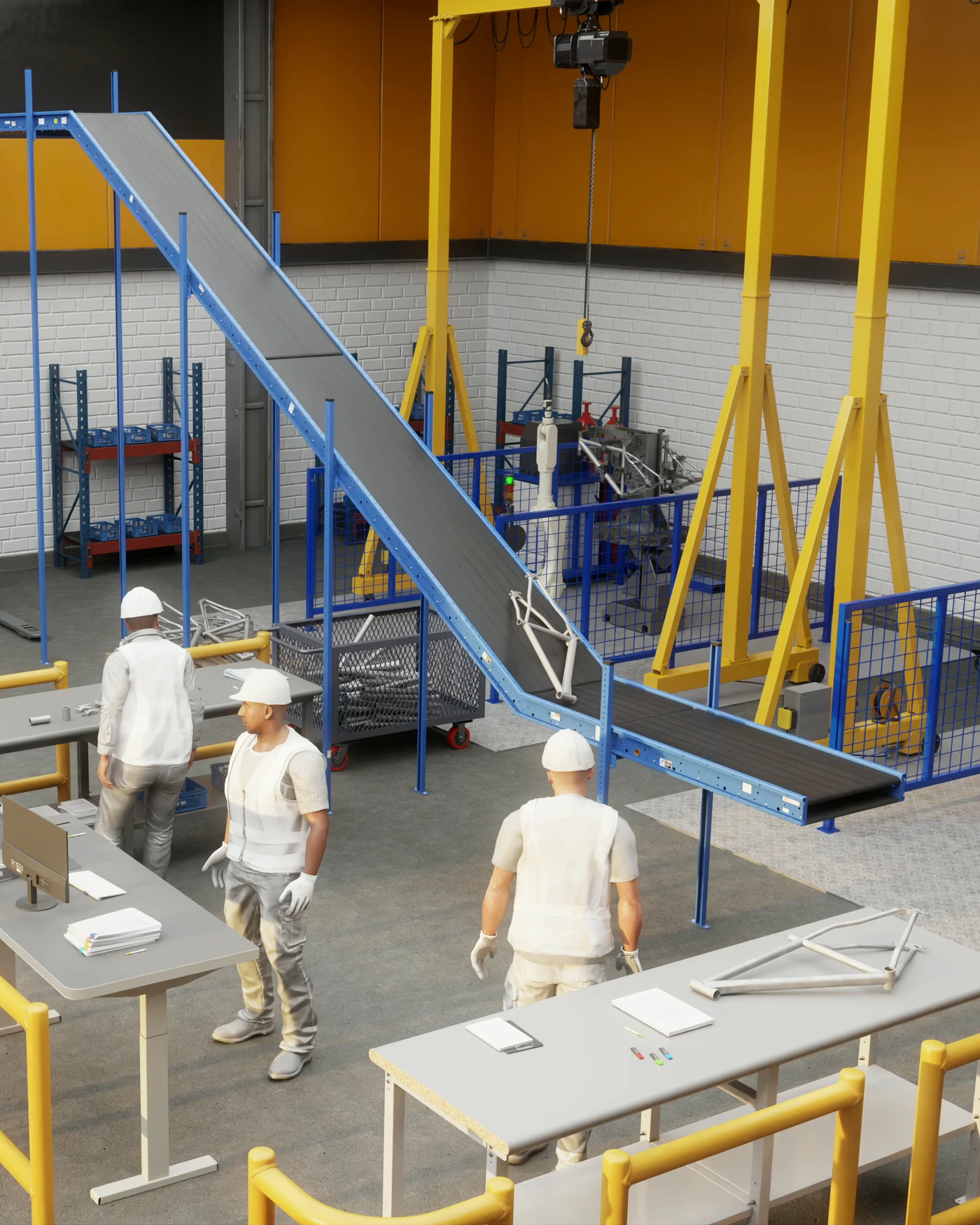 Simulated bicycle-frame production line running end to end