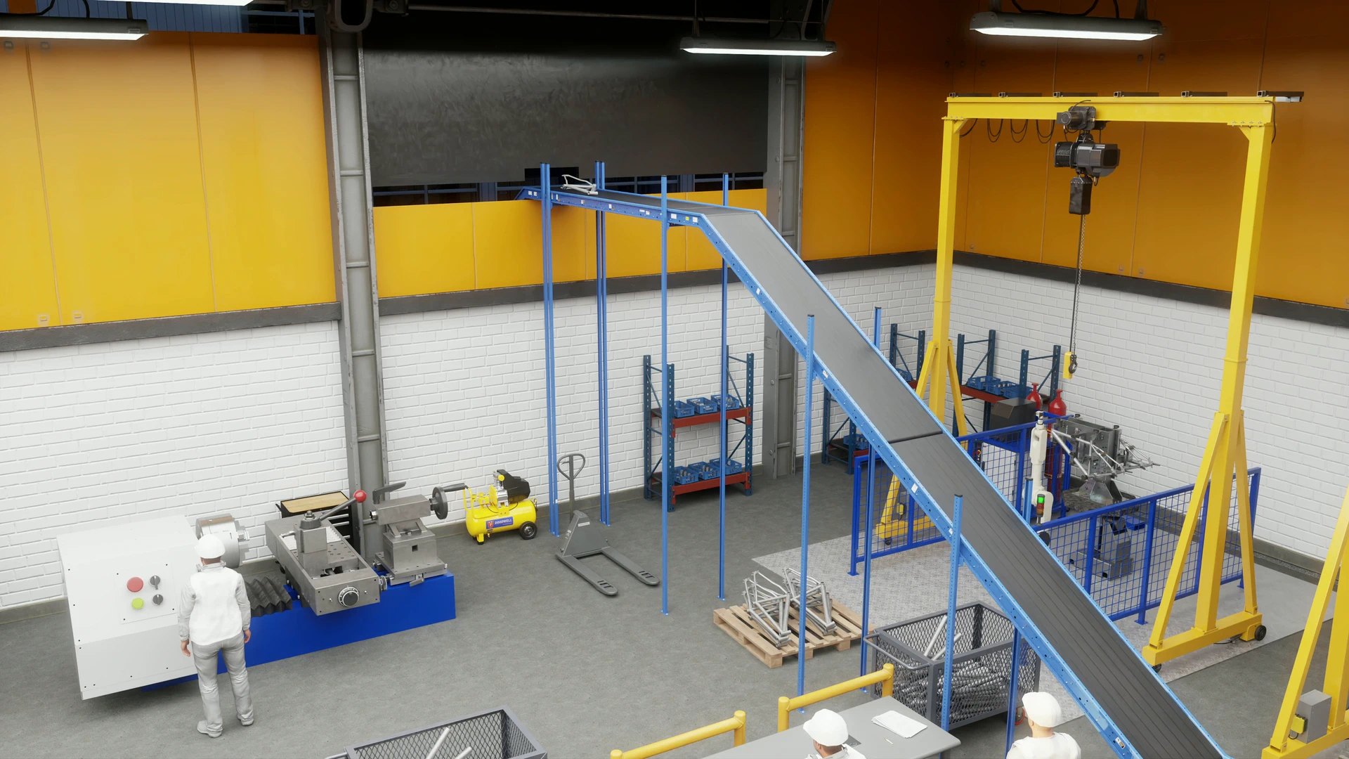 Simulated bicycle-frame production line running end to end