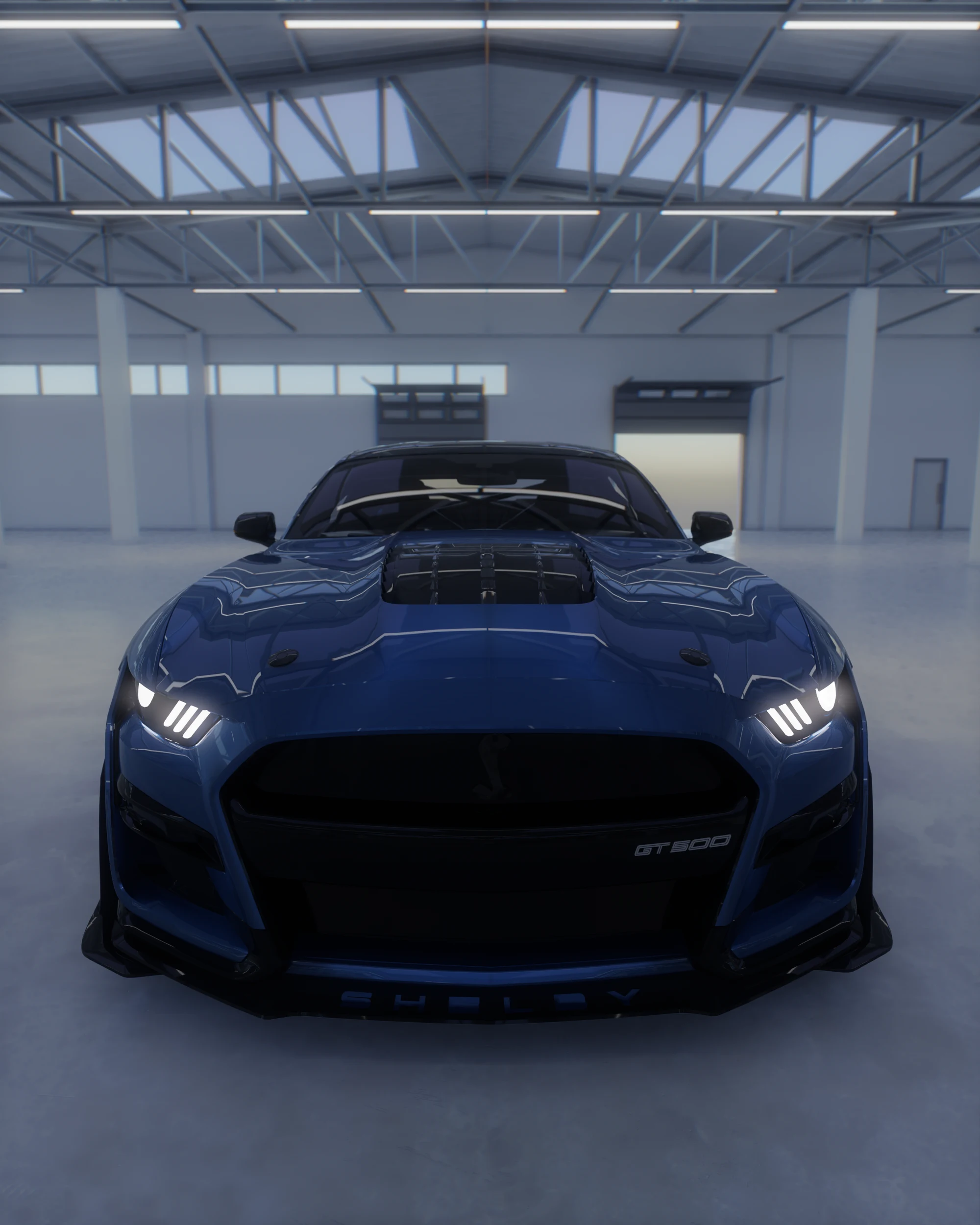 Automotive animation of a Ford Mustang Shelby GT500 in a daylit hall