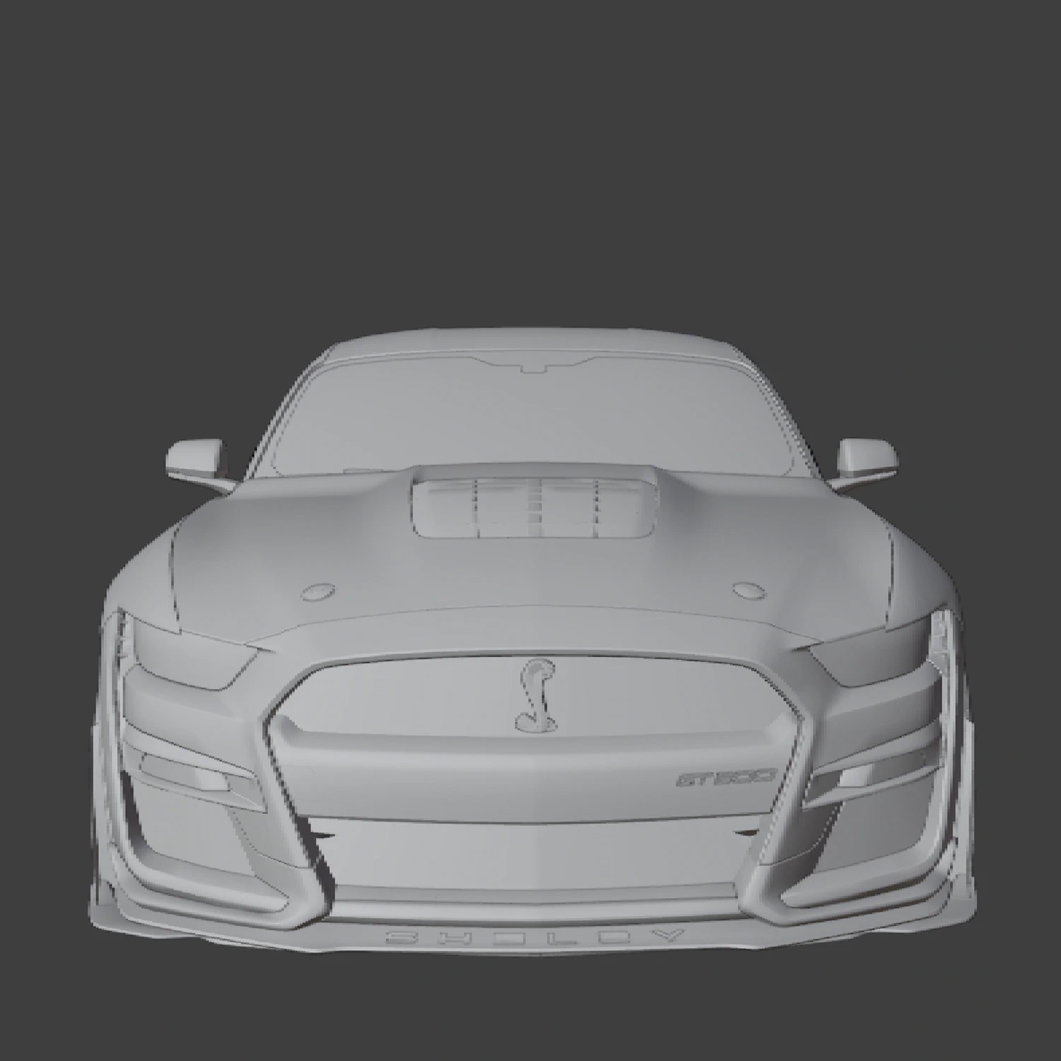Untextured Blender mesh of a Ford Mustang Shelby GT500 seen head-on