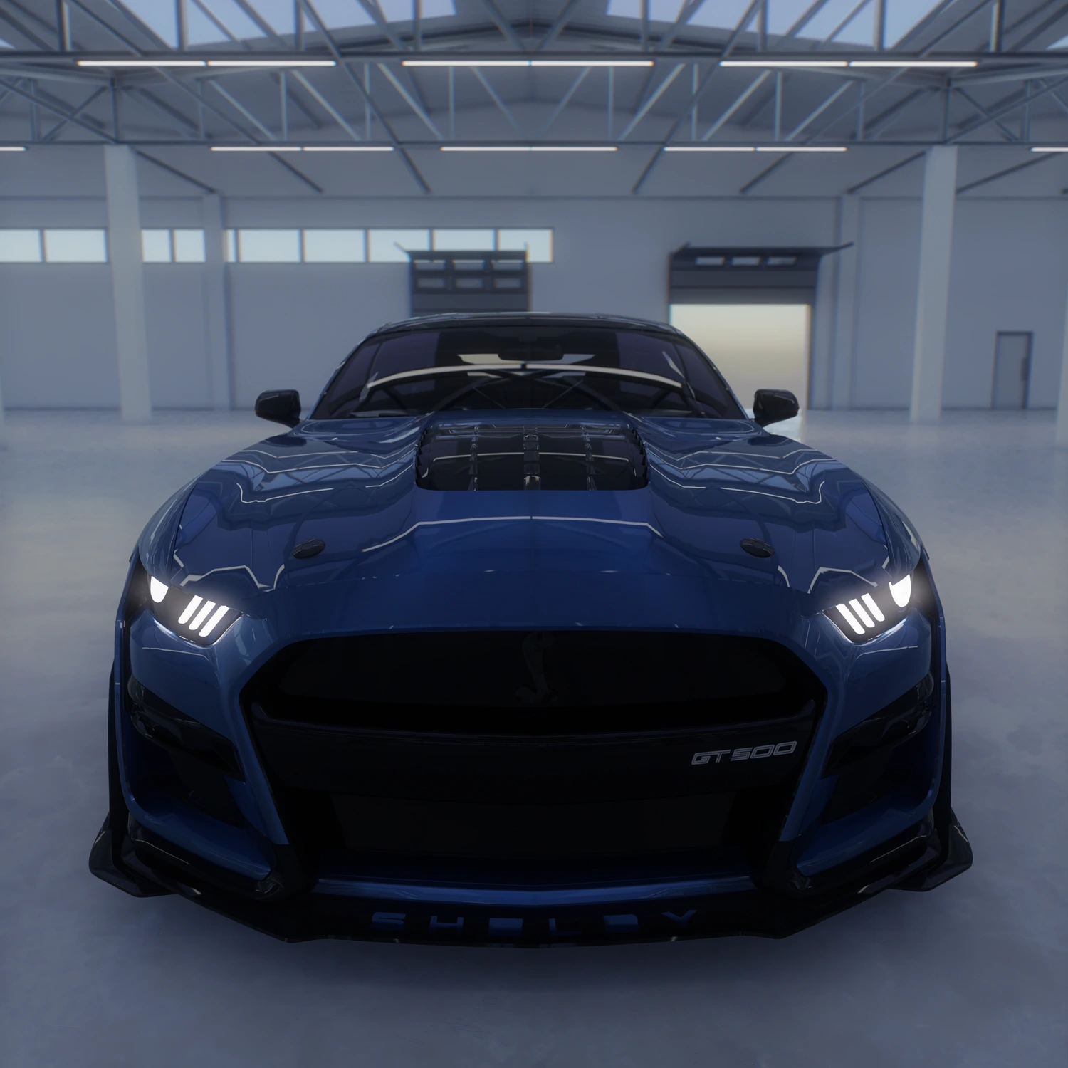 Finished render of the Ford Mustang Shelby GT500 in a daylit hall