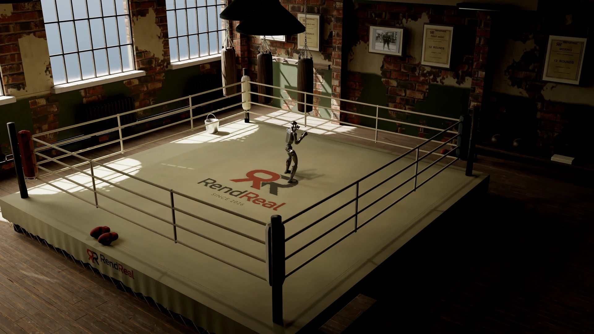 Unitree G1 humanoid shadowboxing in a lit boxing gym, driven by a learned policy
