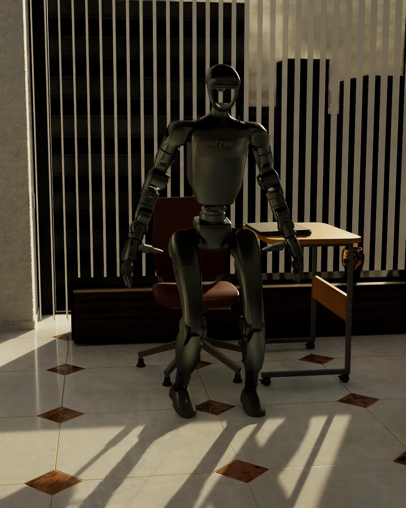 Unitree G1-office walking, sitting and pointing in a sunlit interior, with the RendReal site on the laptop