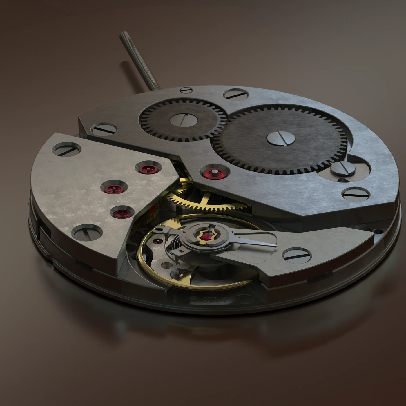Cinematic render of the movement on a dark reflective surface