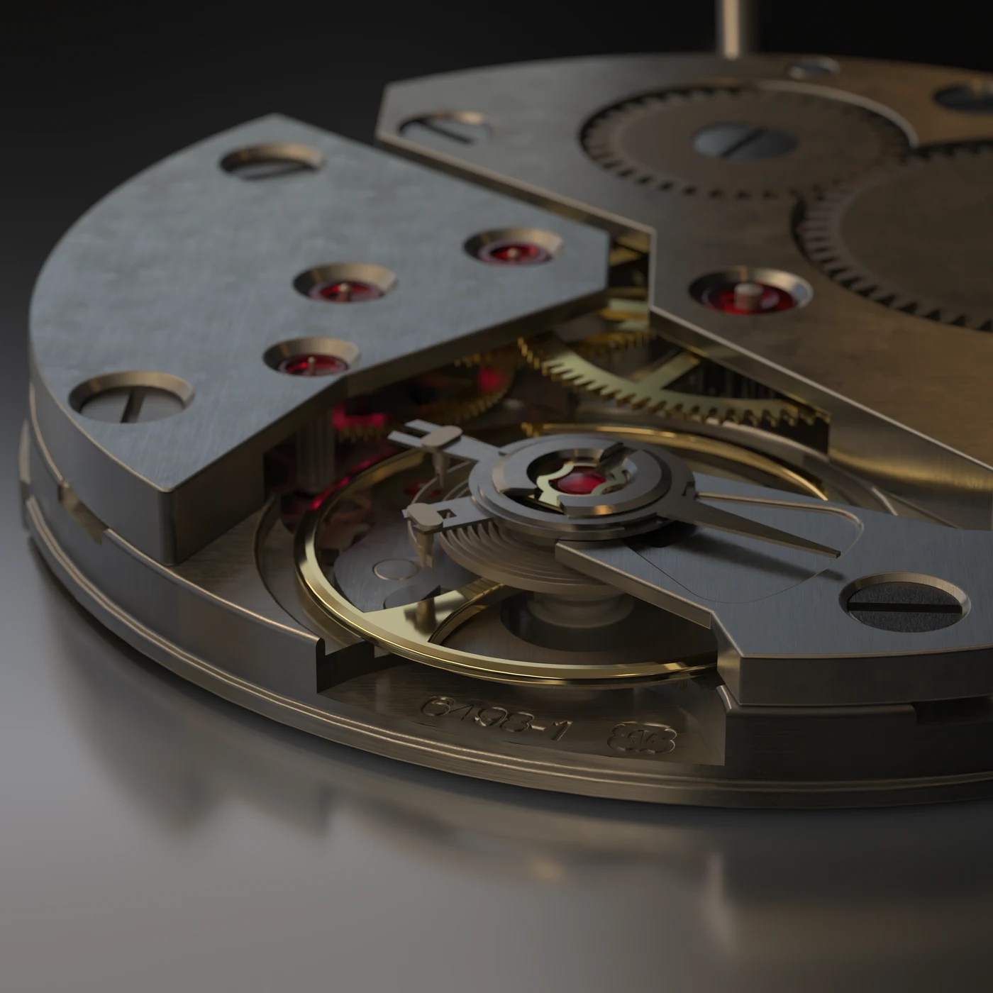 Animation of a mechanical watch movement with the gear train turning