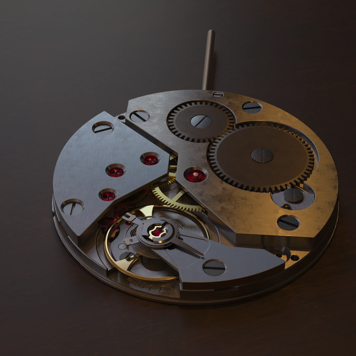 Photoreal render of the same movement in brushed steel, brass and ruby jewels