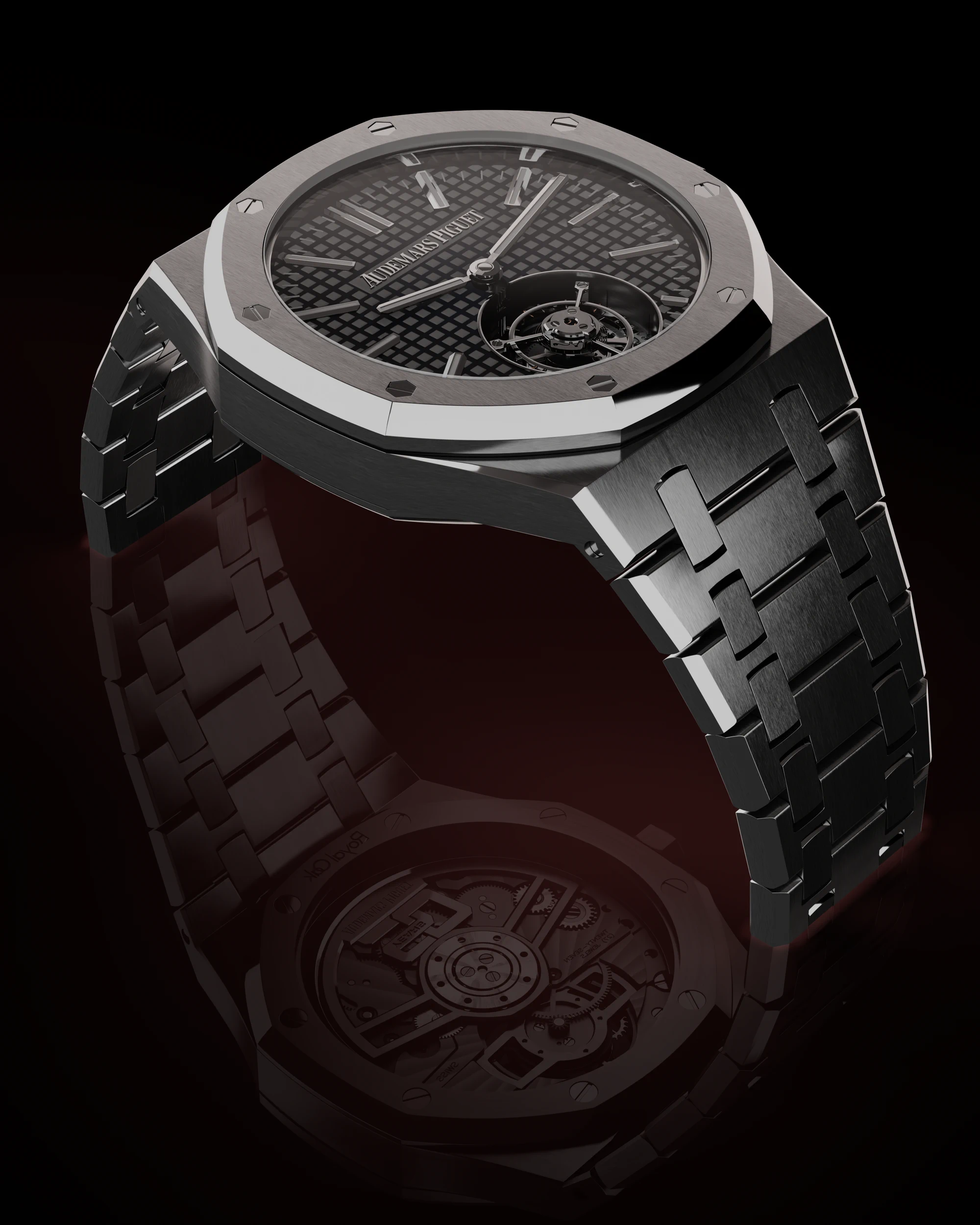 Photoreal render of an Audemars Piguet Royal Oak Tourbillon in black and polished steel