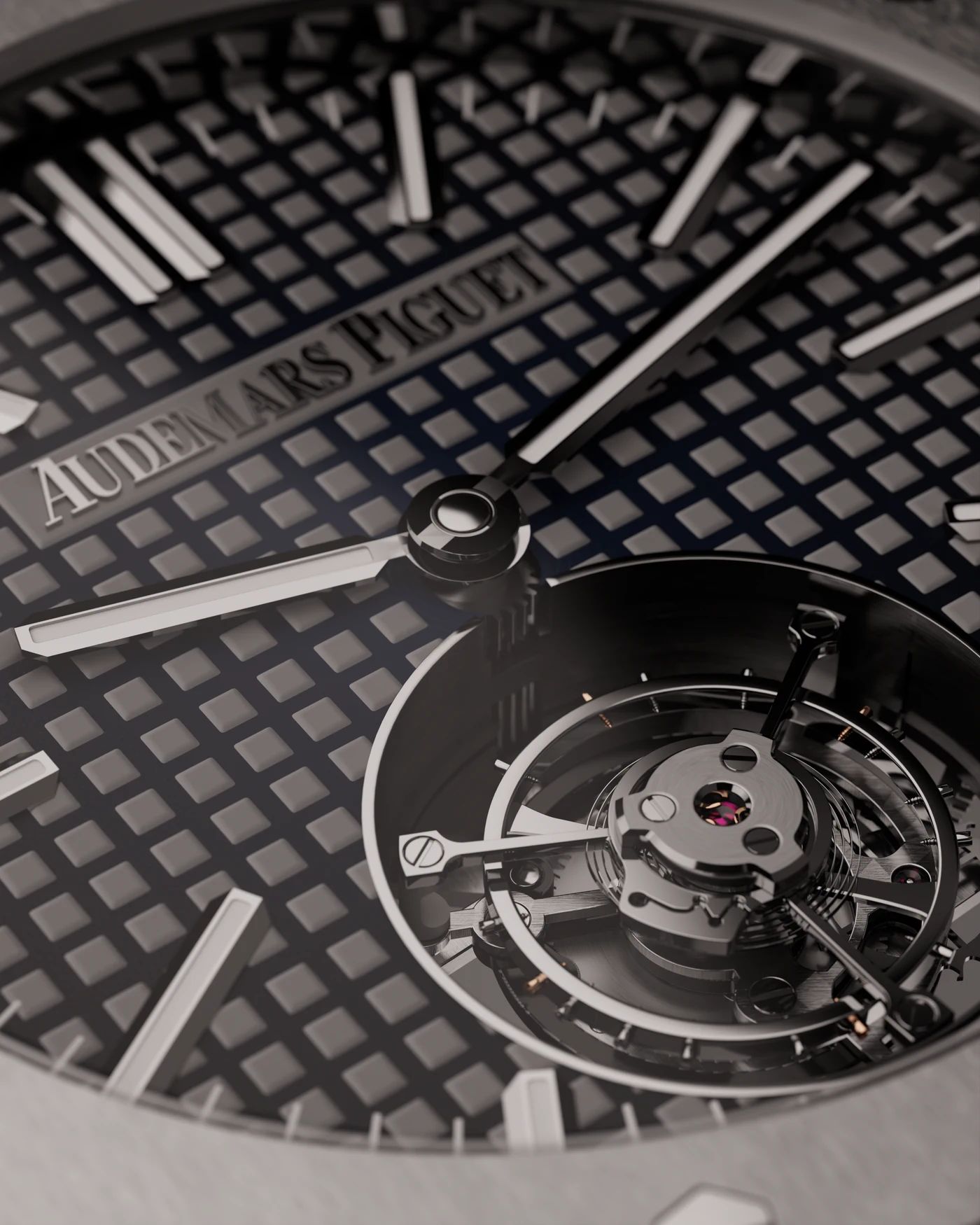 Macro render of the Royal Oak dial and tourbillon aperture